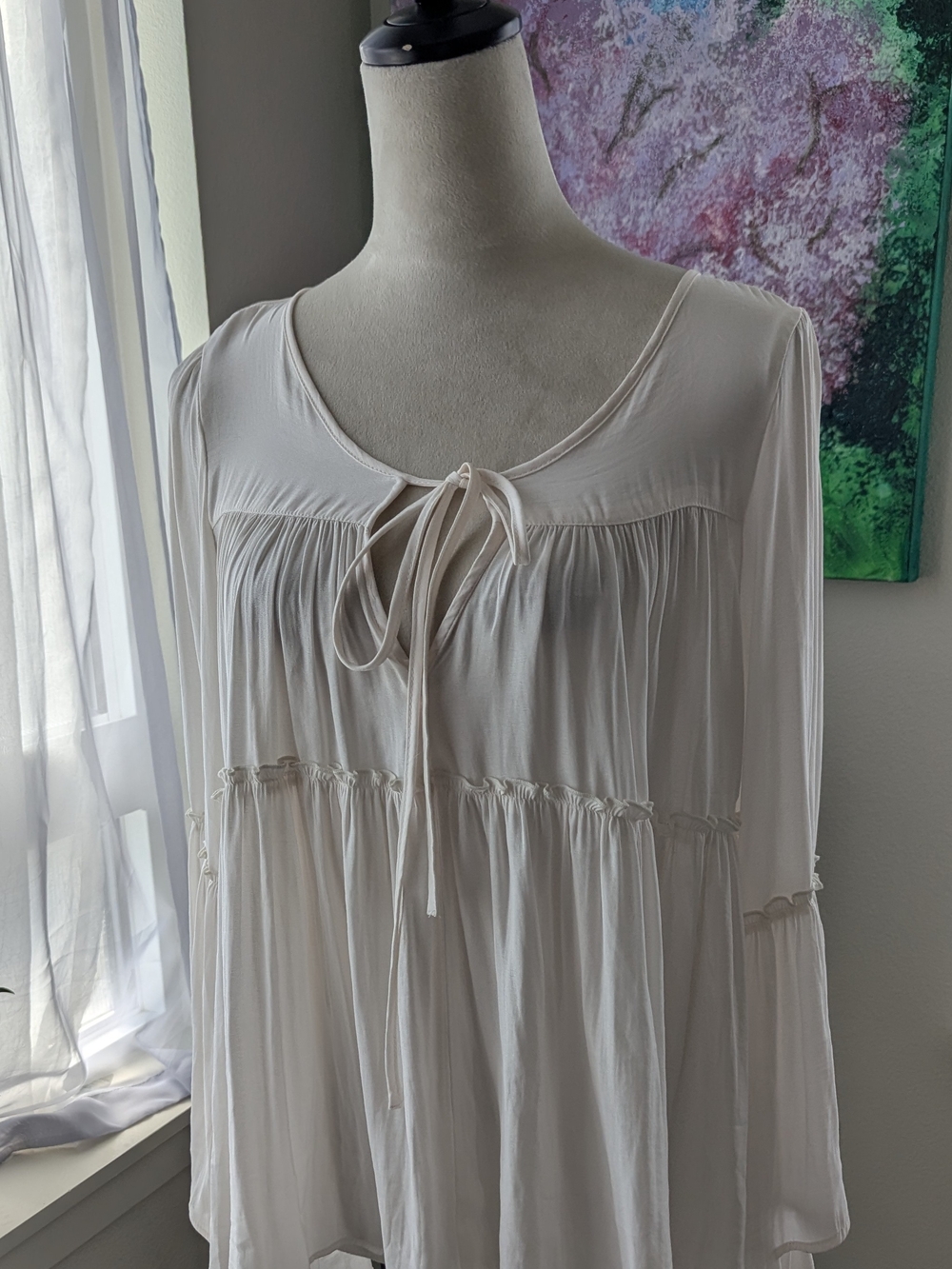 Free People White Gauzy Tie-Neck Peasant Blouse